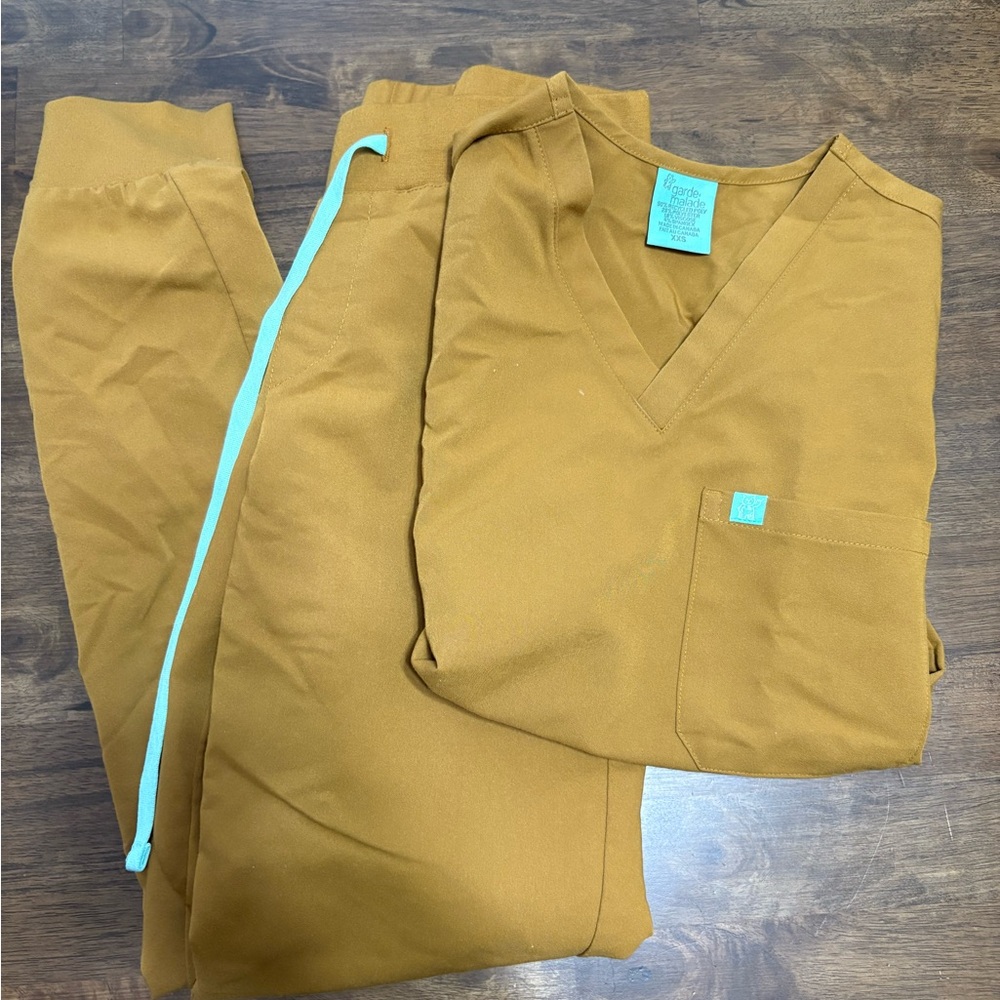 Brown Scrub Set with Blue Accents